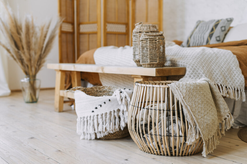 A bedroom full of neutral colors and organic textures