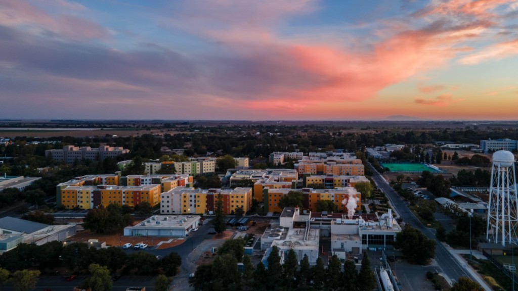 aerial view of UC davis at sunset 