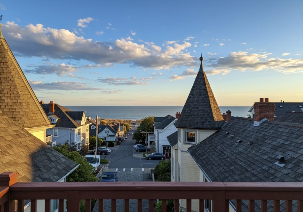 Overlooking the water from a house with a widow's walk.