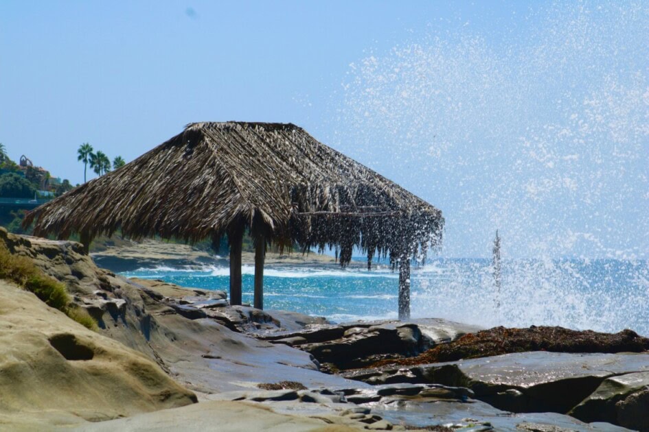 The famous thatched-roof shack at Windansea Beach in San Diego, California