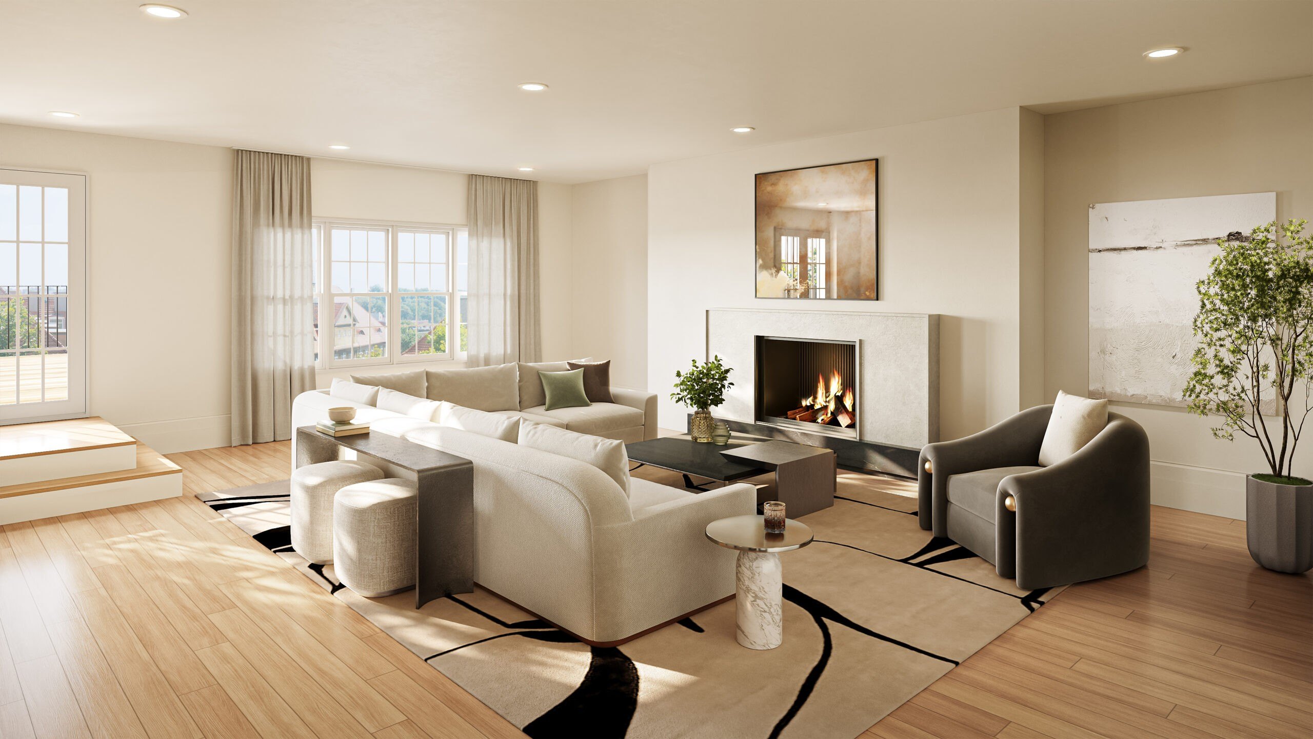 A living area with a fireplace in a a luxury home in Beacon Hill Boston that sold for $22,000,000