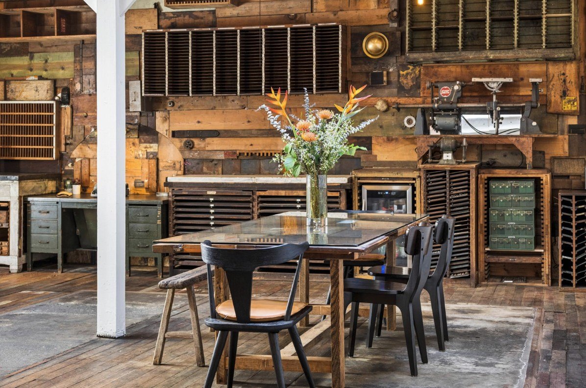 Table built from vintage printing business wood scraps.