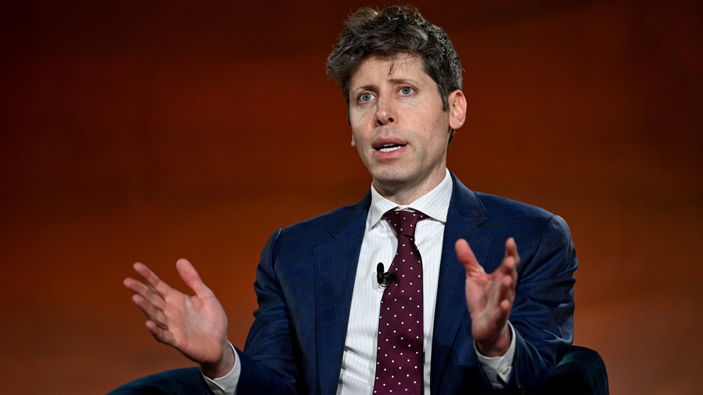 Sam Altman, chief executive officer of OpenAI Inc., speaks during BlackRock's 2026 Infrastructure Summit in Washington, DC wearing a polka dot tie