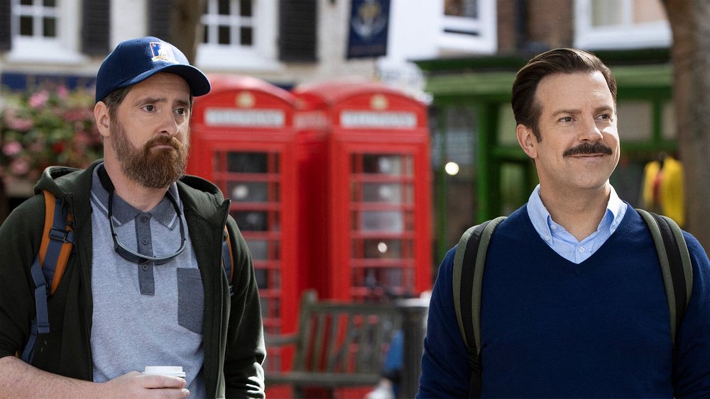 A scene from Ted Lasso with Brendan Hunt and Jason Sudeikis