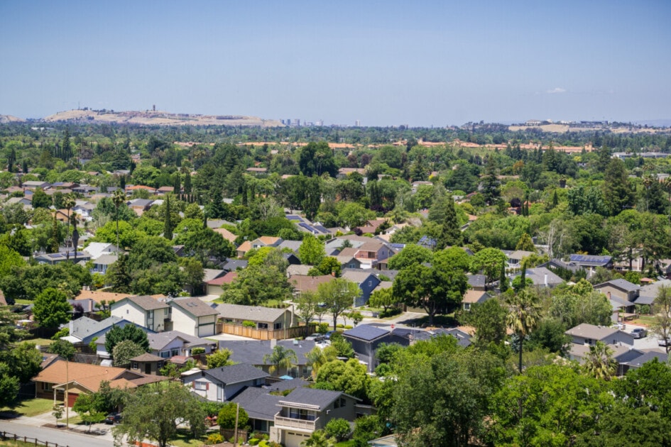 An aerial shot of a neighborhood in San Jose, California