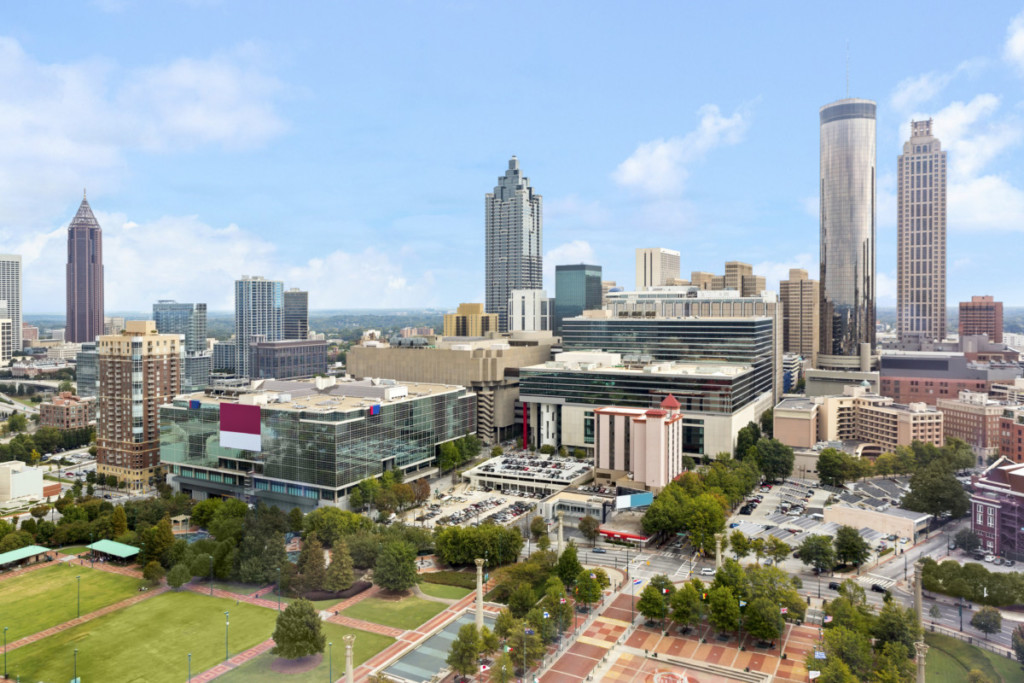 aerial view of atlanta skyline on sunny clear day