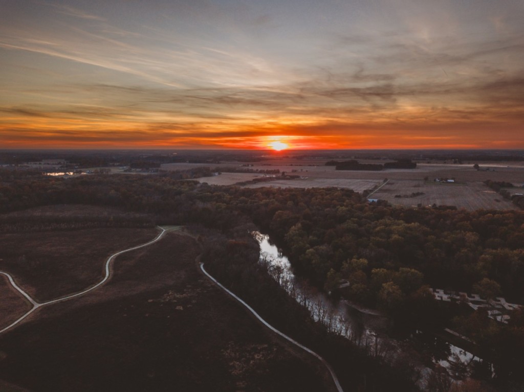 aerial view of noblesville at sunset