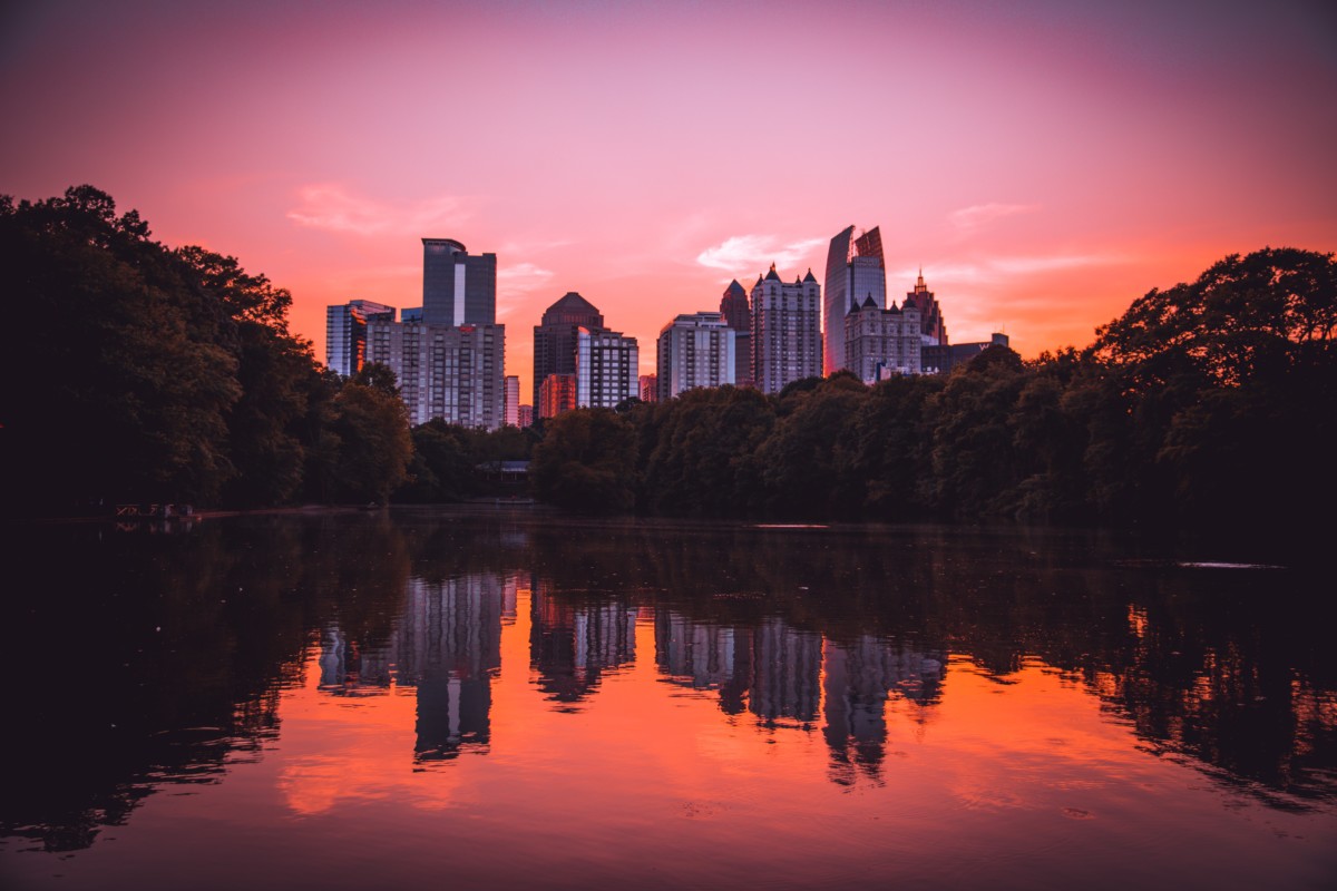 view of atlanta at golden hour from cities near atlanta