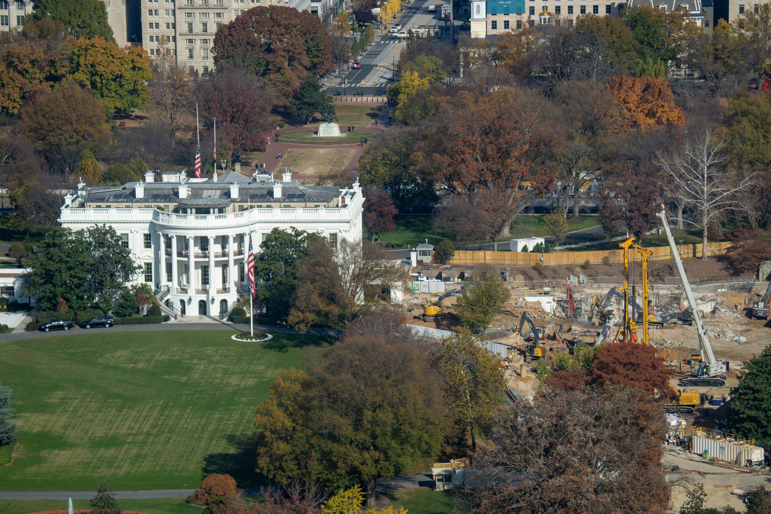 WASHINGTON, DC - NOVEMBER 14: Construction crews continue to remove the East Wing of the White House and prepare for the new ballroom construction as seen from the newly reopened Washington Monument on November 14, 2025 in Washington, DC. The Washington Monument has been closed due to the government shutdown, but reopened this morning. (Photo by Andrew Leyden/Getty Images)