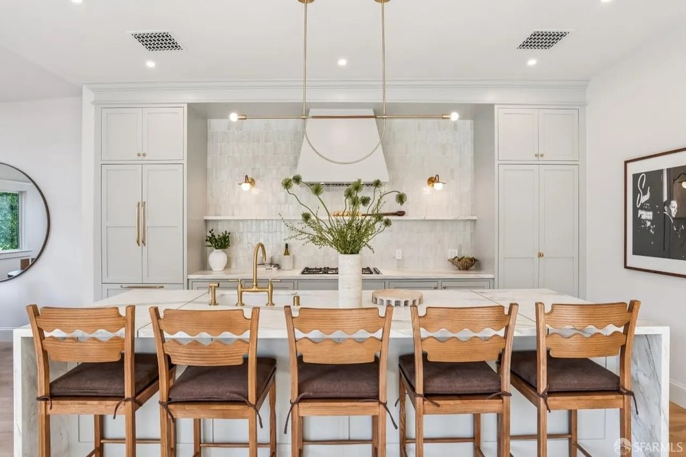 Modern Kitchen Island with High Back Wooden Stools