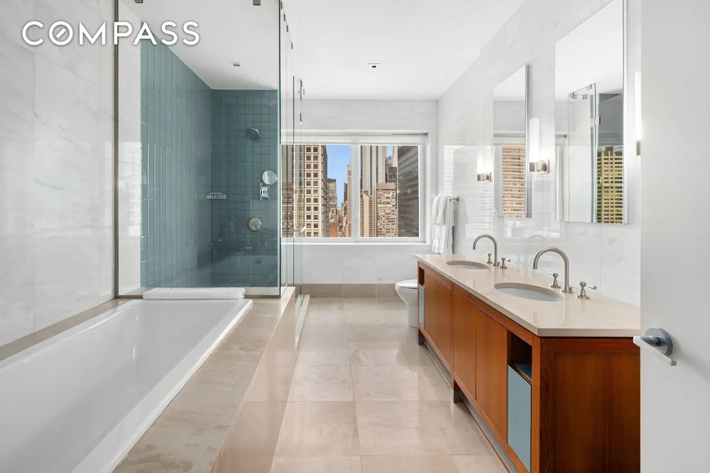 A bathroom with a tub in a luxury apartment in New York City that was in The Wolf of Wall Street starring Leonardo DiCaprio