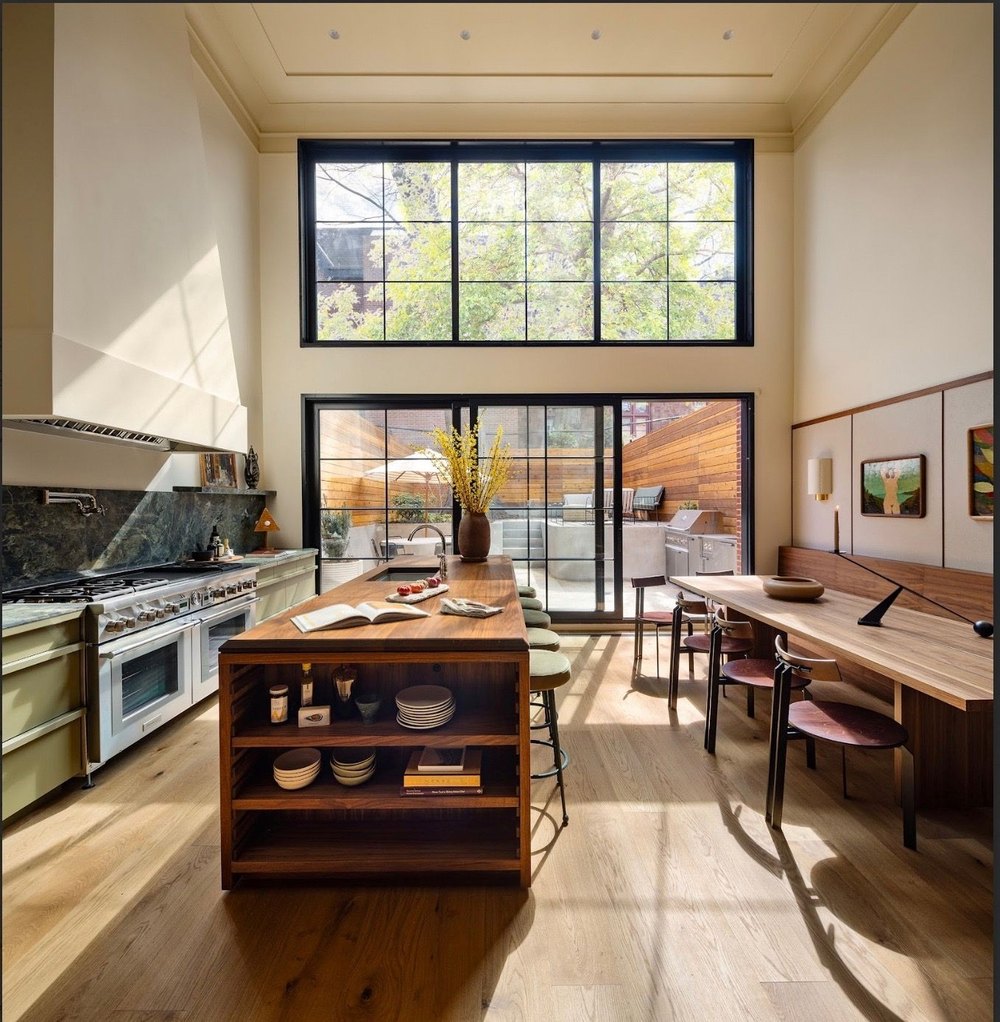 Kitchen with patio at ECKSTROM townhouse in Brooklyn, NY, on sale for $14,250,000