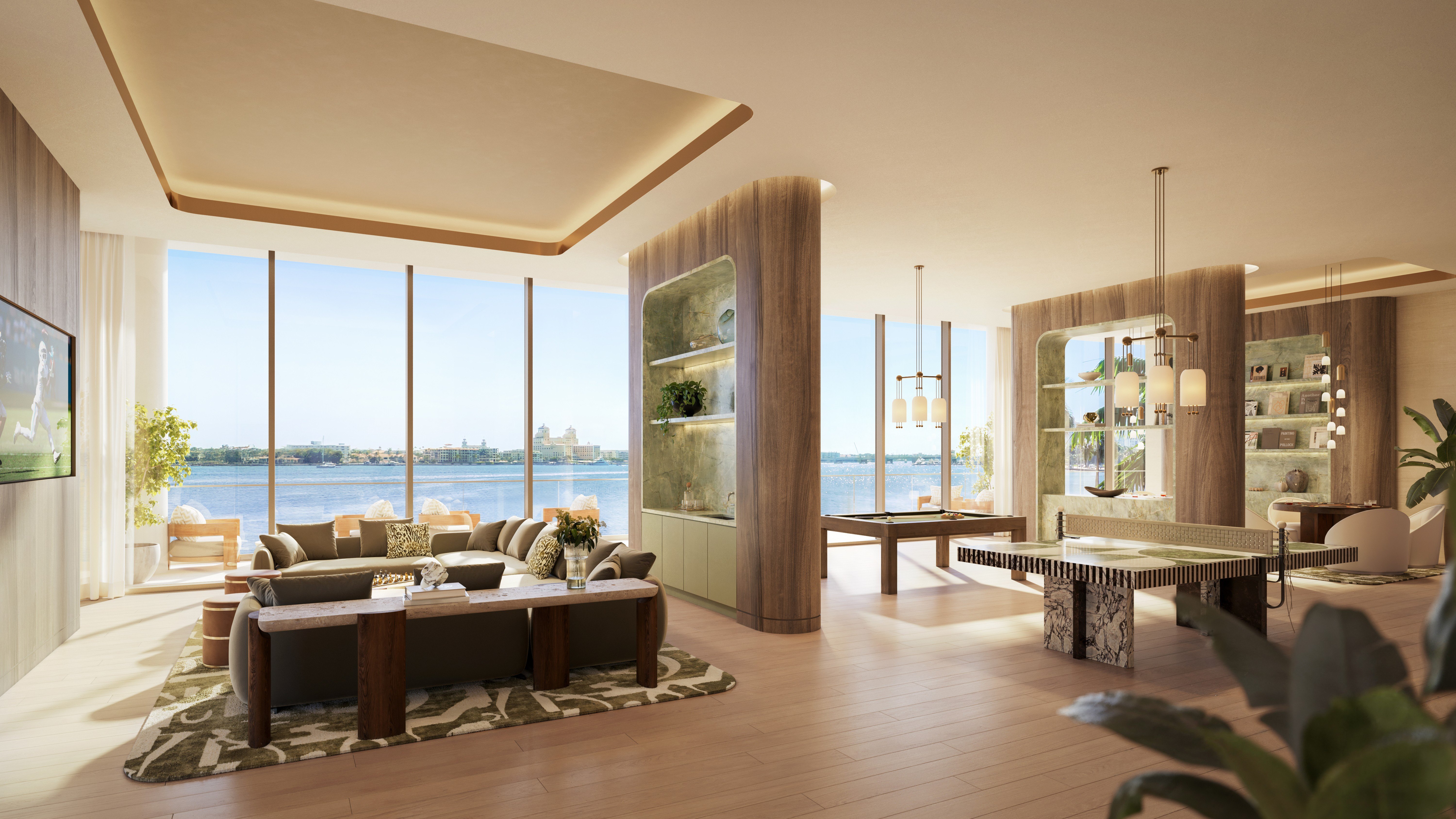 Rendering of a living space with views of the ocean in a West Palm Beach condo development built by billionaire Stephen Ross