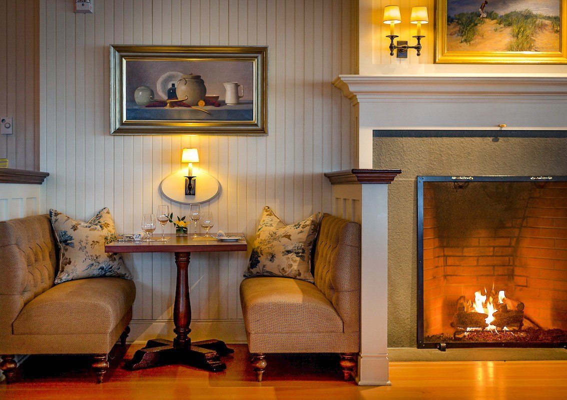 Interior space with a fireplace at Ocean House Resort, Watch Hill, Rhode Island where Taylor Swift and Travis Kelce are getting married