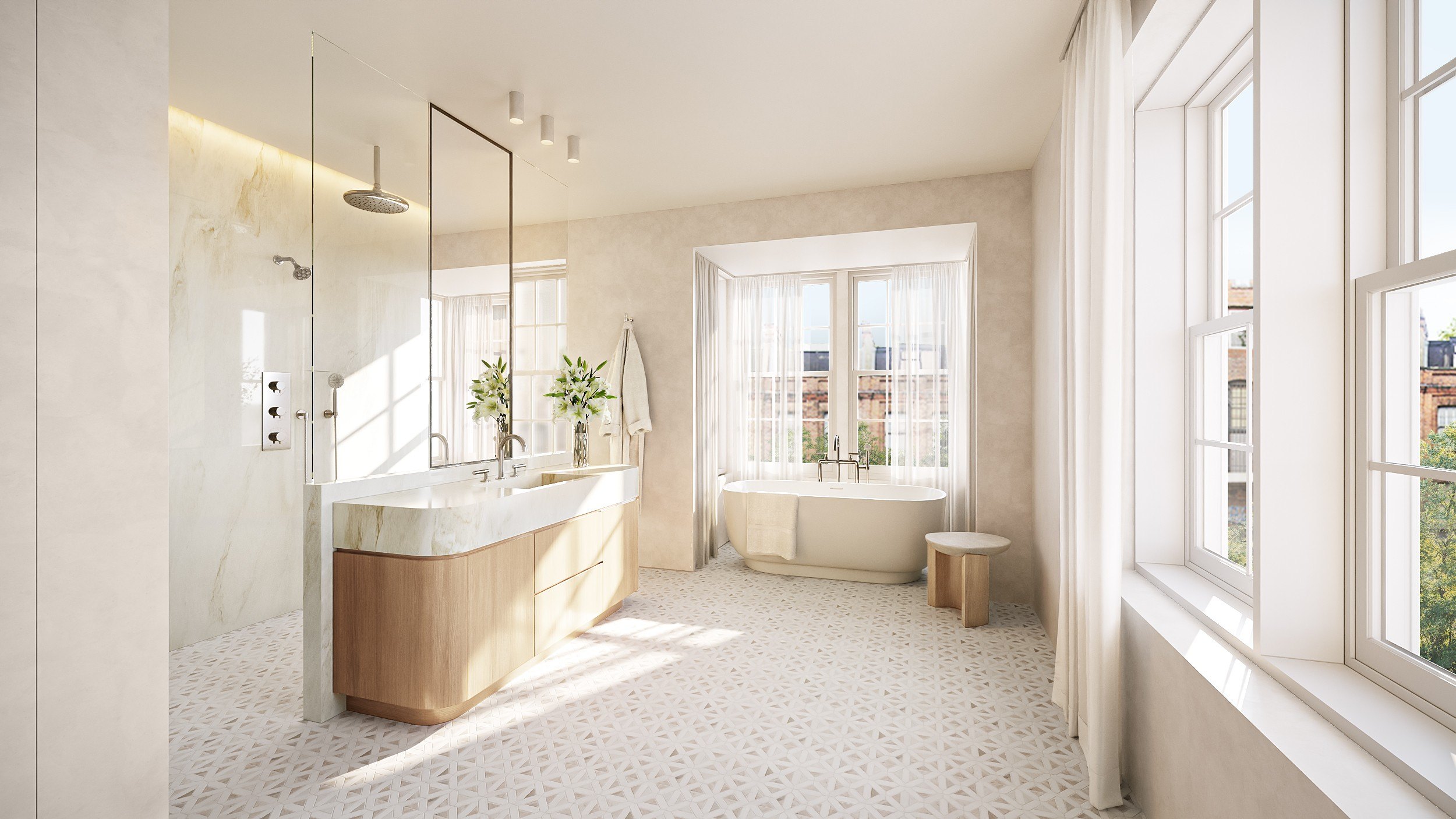 A bathroom with a tub under the window in a luxury home in Beacon Hill Boston that sold for $22,000,000