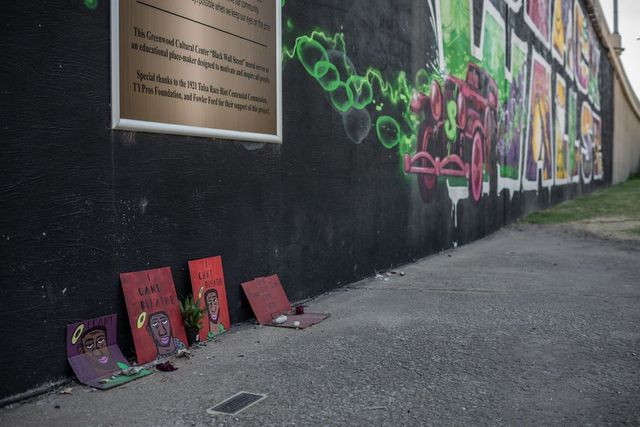 Memorials to George Floyd, who was killed last month while in the custody of Minneapolis police, in Greenwood on Thursday.