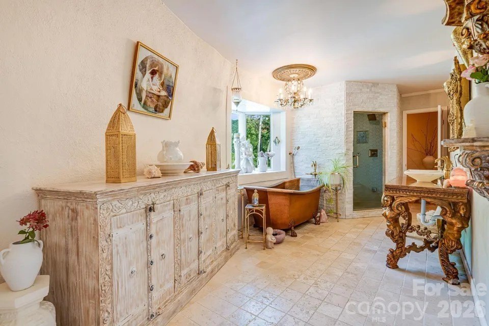 Primary bathroom in dome home in Weaverville, NC, on sale for $3,495,000
