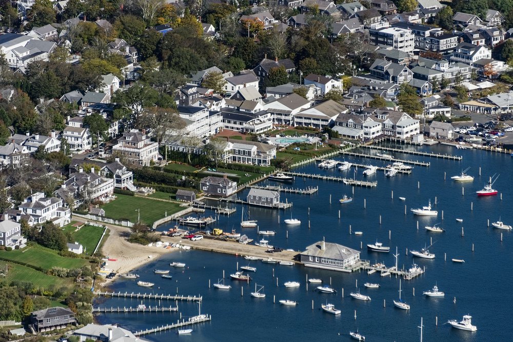 MARTHA'S VINEYARD, EDGARTOWN, MASSACHUSETTS, UNITED STATES - 2013/10/18: Aerial view of of harbor and town of Edgartown. (Photo by John Greim/LightRocket via Getty Images)