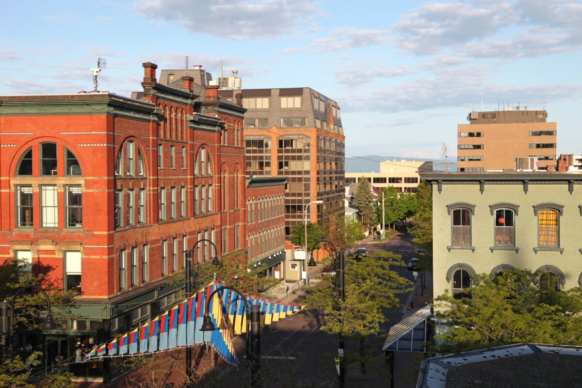 Historic downtown Burlington skyline. Burlington is the largest city in the State of Vermont situated on Lake Champlain. Downtown was added to the National Register of Historic Places in 2000. Burlington is a college town known for its beer breweries, thriving arts scene, and great museums.