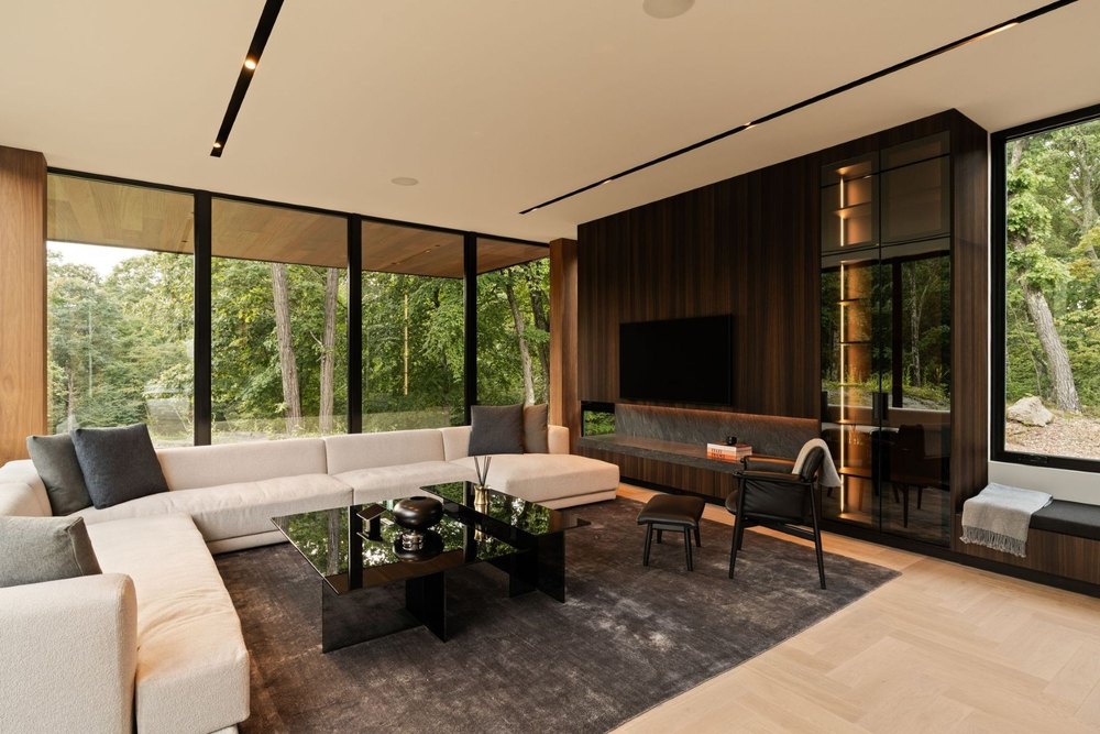 Living room at Aston Martin-designed Sylvan Rock compound in Red Hook, NY, on sale for $19,500,000