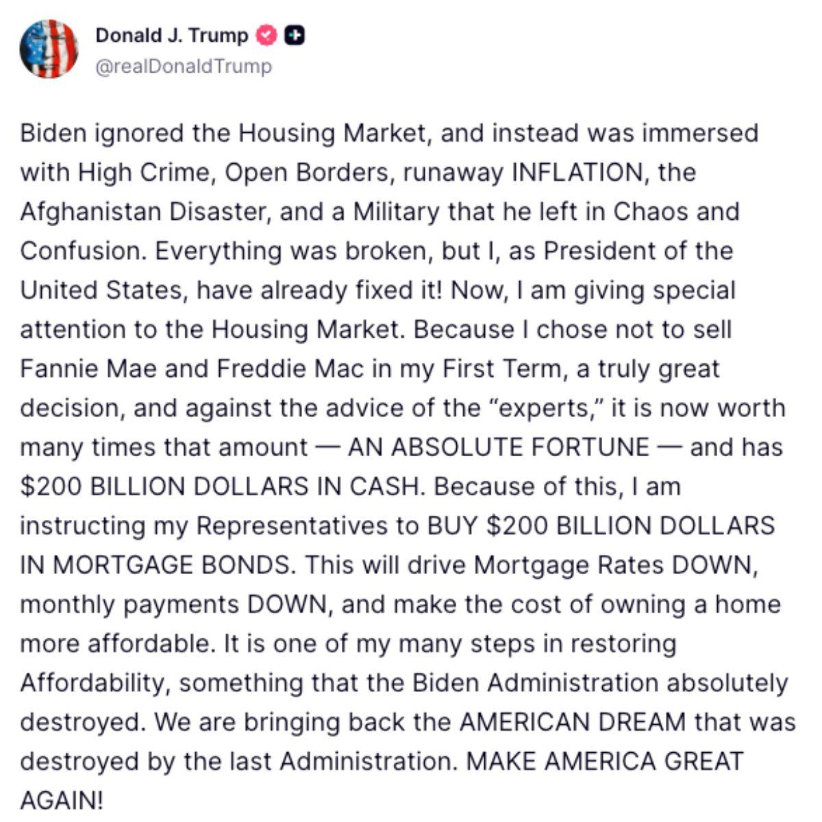 President Donald Trump truth social post on mortgage bonds