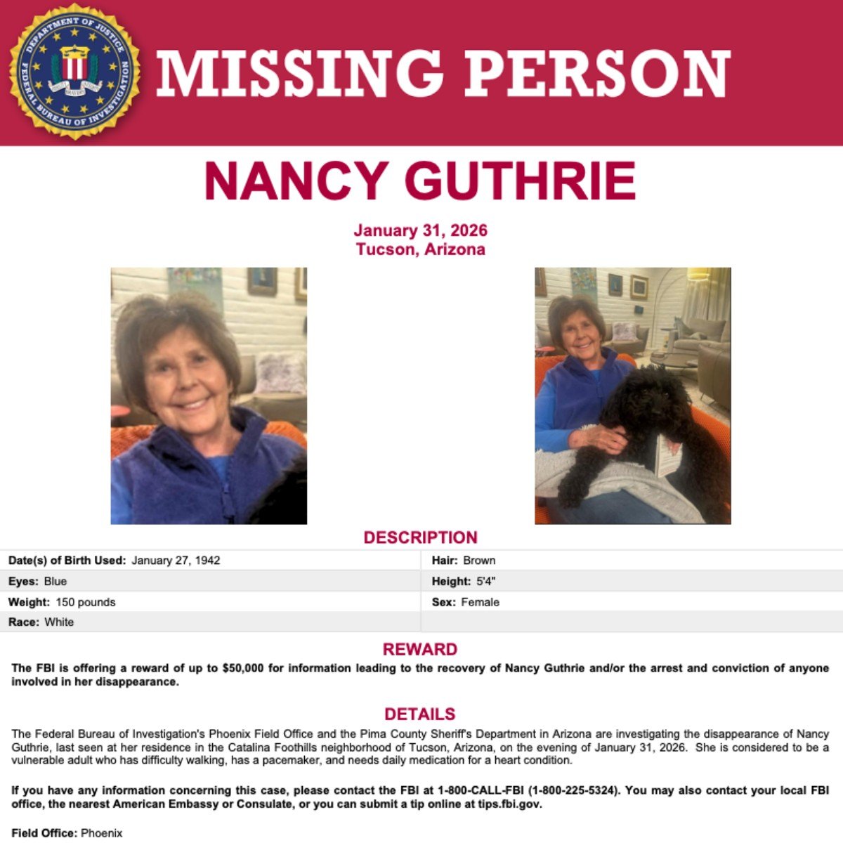 Nancy Guthrie missing poster and reward