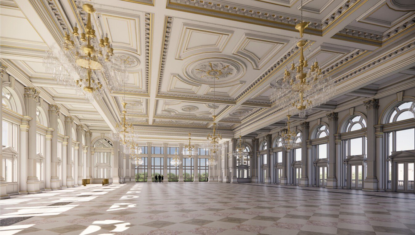 Updated Ballroom renderings from Donald Trump March 2026Large ornate ceiling with gold