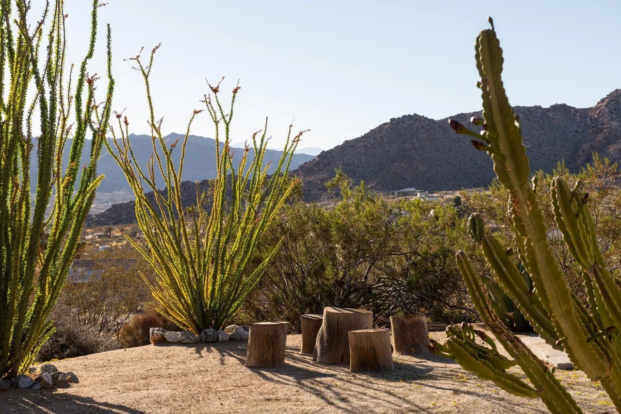 Desert and mountain views from just outside the entrance to Joshua Tree National Park add to the property's aesthetic.