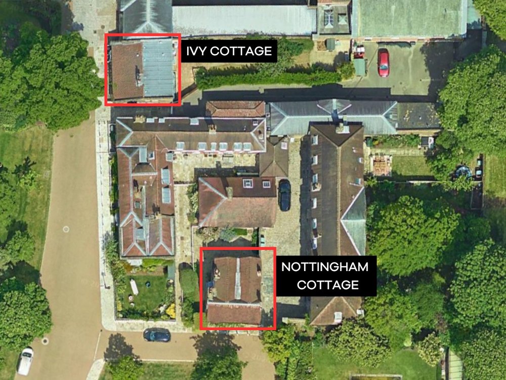 Aerial view of Kensington Palace showing the cottages where Prince Harry, Meghan Markle, Princess Eugenie, and Jack Brooksbank have lived