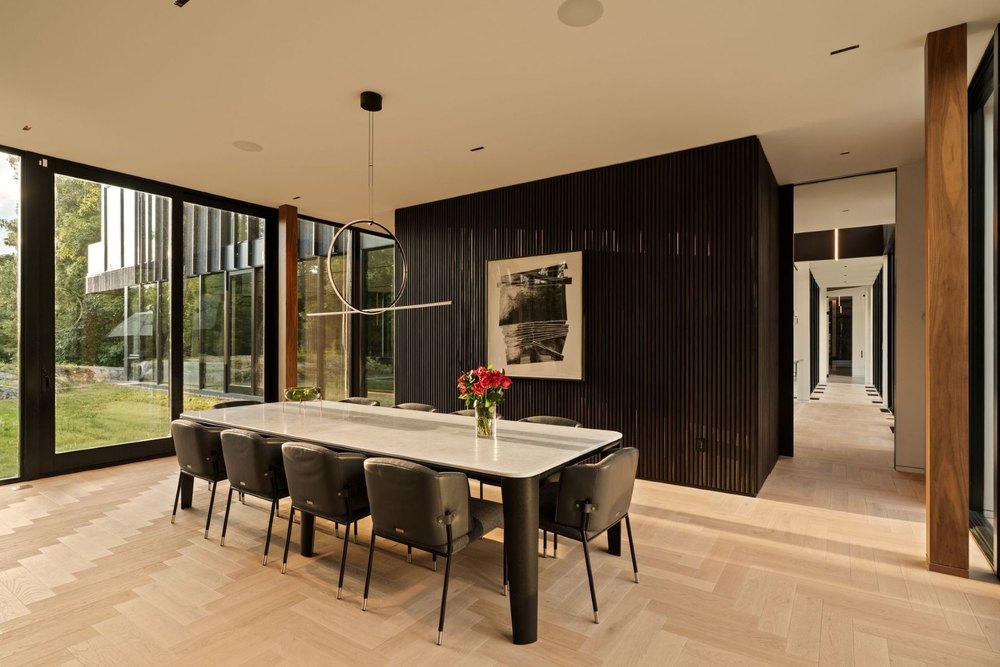 Dining room at Aston Martin-designed Sylvan Rock compound in Red Hook, NY, on sale for $19,500,000