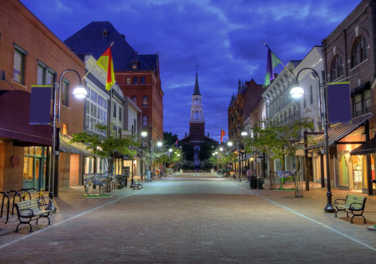 Church Street Marketplace in Burlington is lined with historic buildings, fountains, and a brick-paved pedestrian mall. Burlington is the largest city in the State of Vermont situated on Lake Champlain. Burlington is a college town known for its beer breweries, thriving arts scene, and great museums.