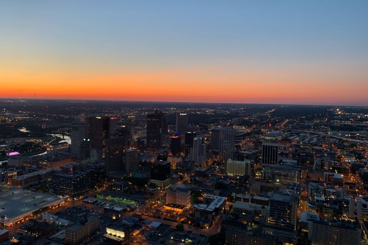 overhead view of columbus ohio at sunset