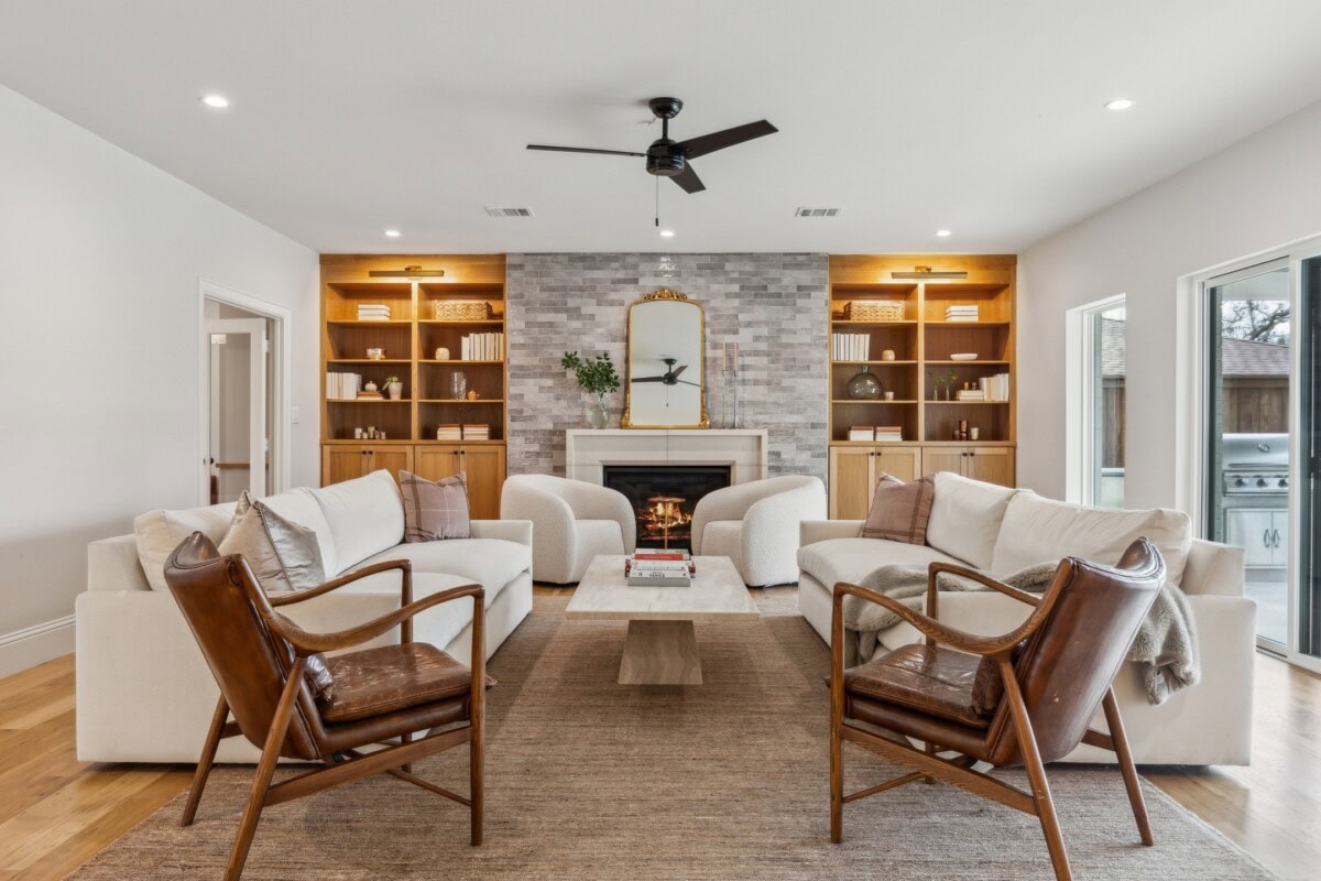 cozy living room with brick fireplace