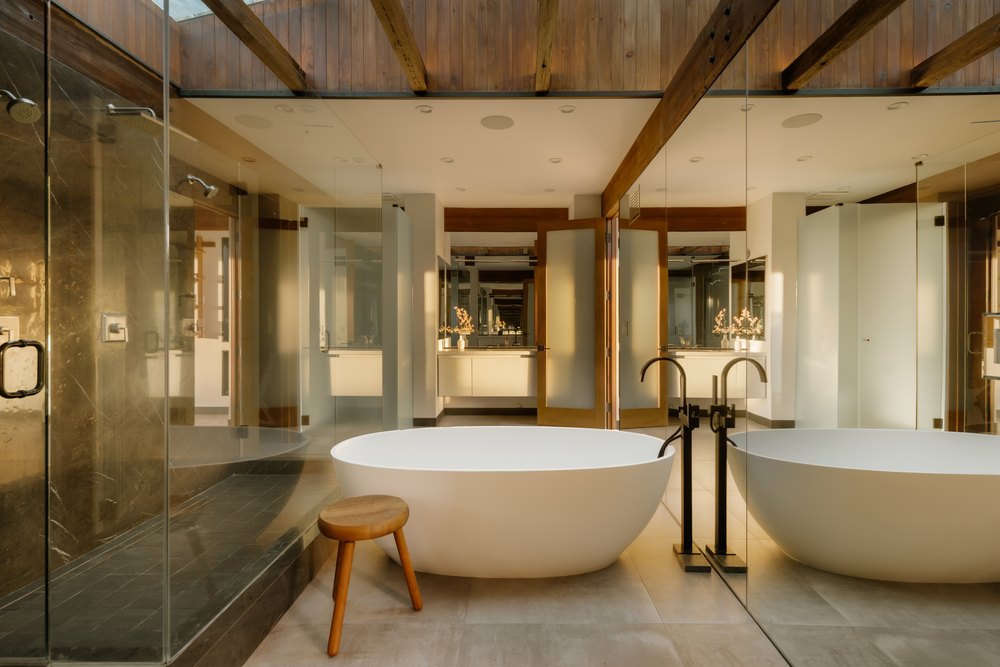 A tub in a bathroom in a home in Malibu belonging to Sean William Scott