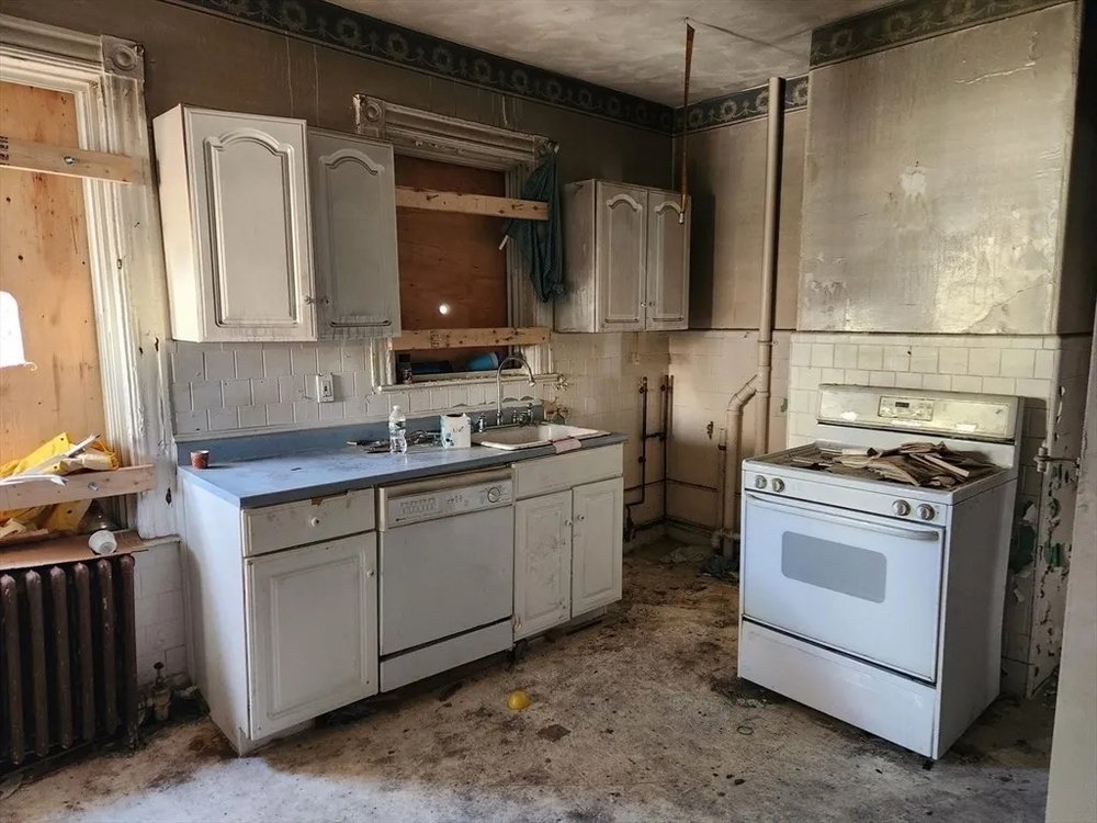 The kitchen in a burned house in Dorcester Boston