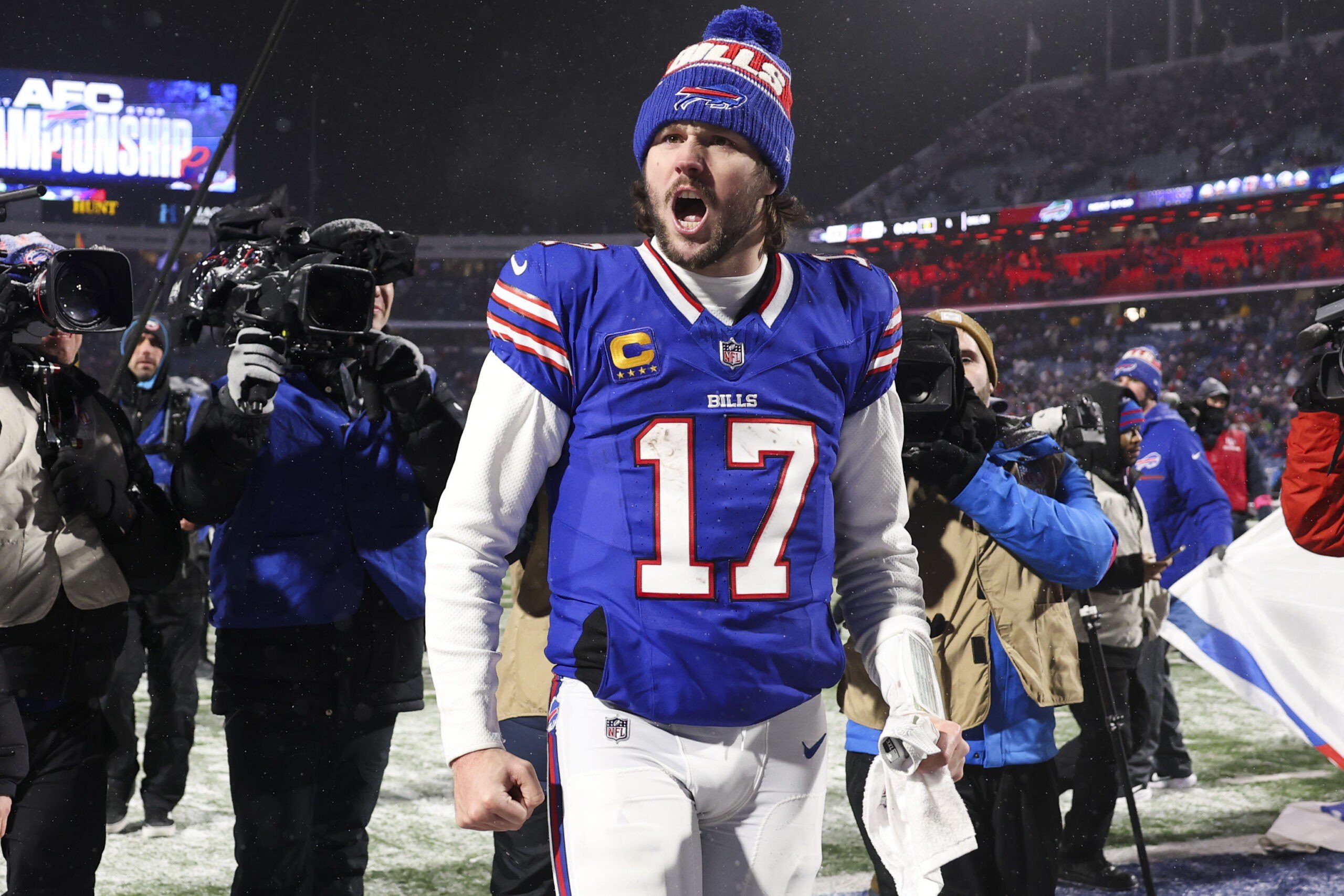 ORCHARD PARK, NEW YORK - JANUARY 19: Josh Allen #17 of the Buffalo Bills celebrates after a victory in the AFC Divisional Playoff against the Baltimore Ravens at Highmark Stadium on January 19, 2025 in Orchard Park, New York. (Photo by Kathryn Riley/Getty Images)
