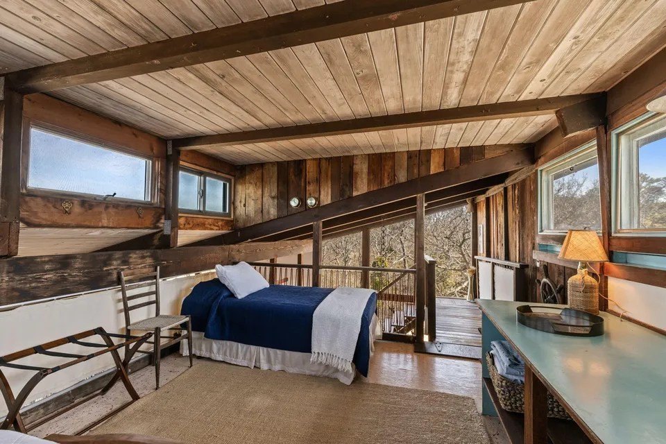 Bedroom at midcentury home in Wellfleet, MA, on sale for $3,350,000