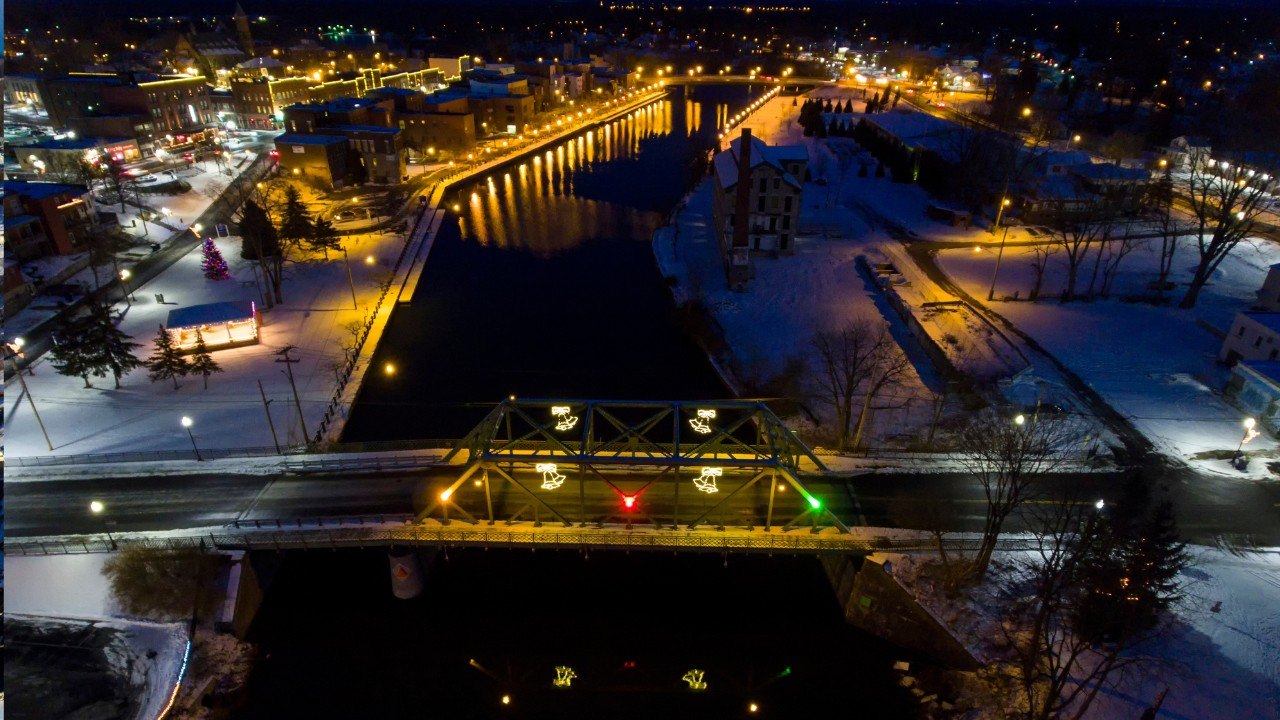 Seneca Falls, NY decorated for Christmas, celebrating it's roots as the inspiration for the town in It's a Wonderful Life.