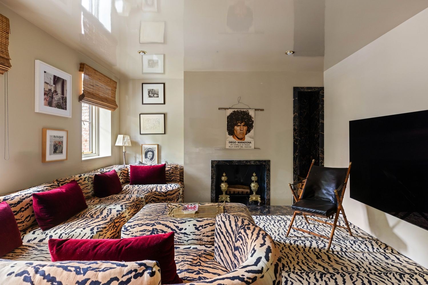 Interior tiger rug and couch in Lily Allen and David Harbour's home in Brooklyn