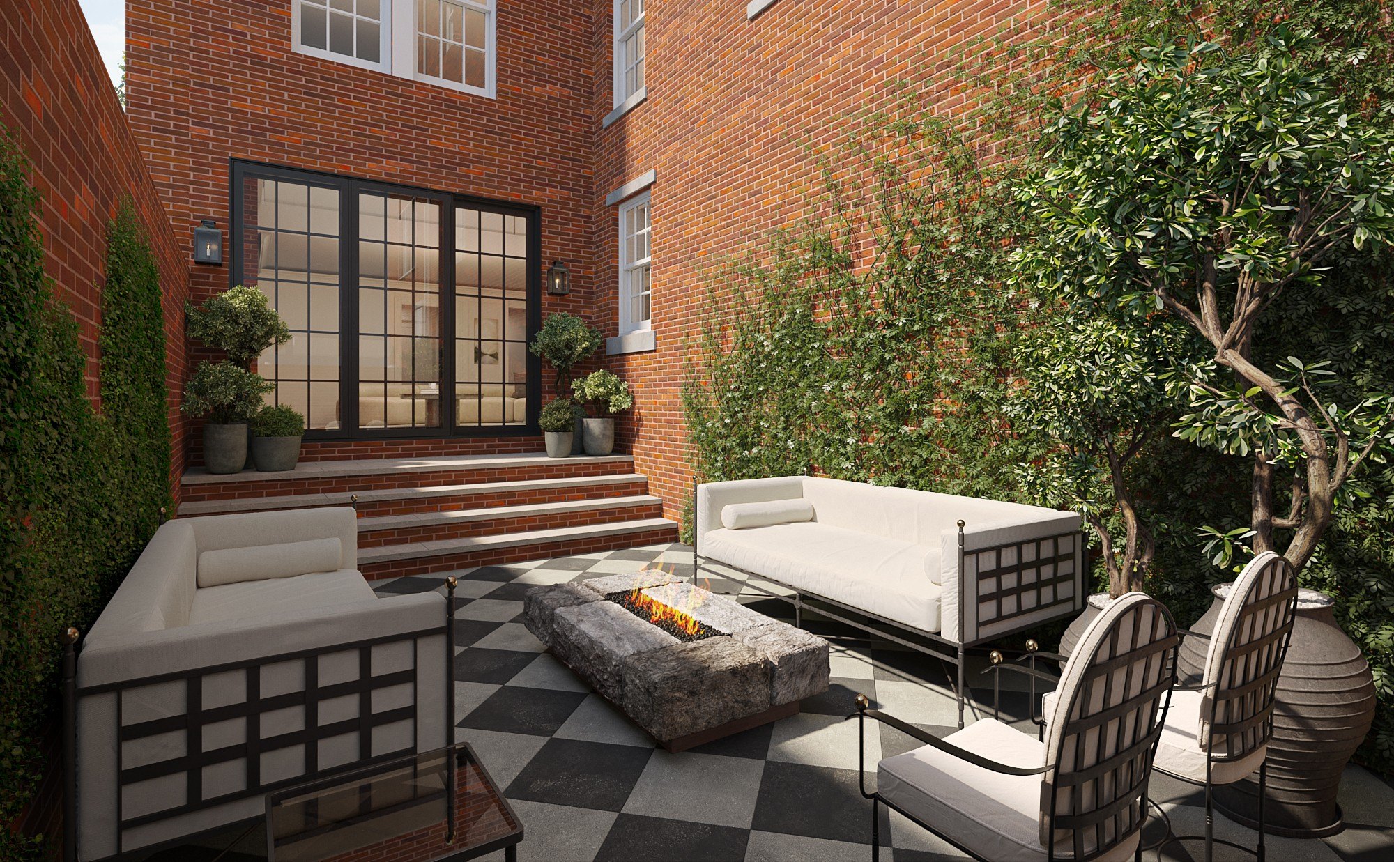 An outdoor area with a fire at a luxury home in Beacon Hill Boston that sold for $22,000,000