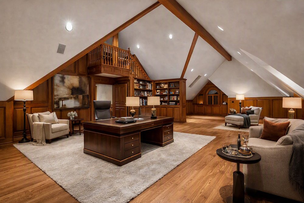 Staged Executive Home Office with Executive Desk, Built-In Bookcases, and Vaulted Ceilings