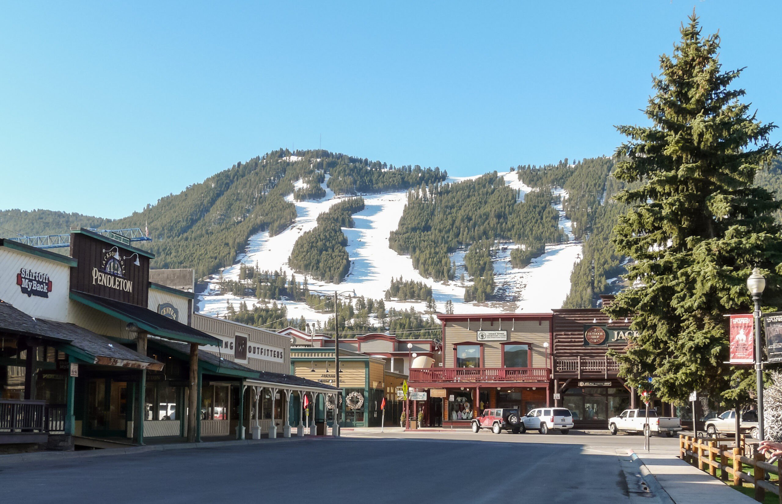 Main area of Jackson Hole Wyoming with the ski slopes in the background
