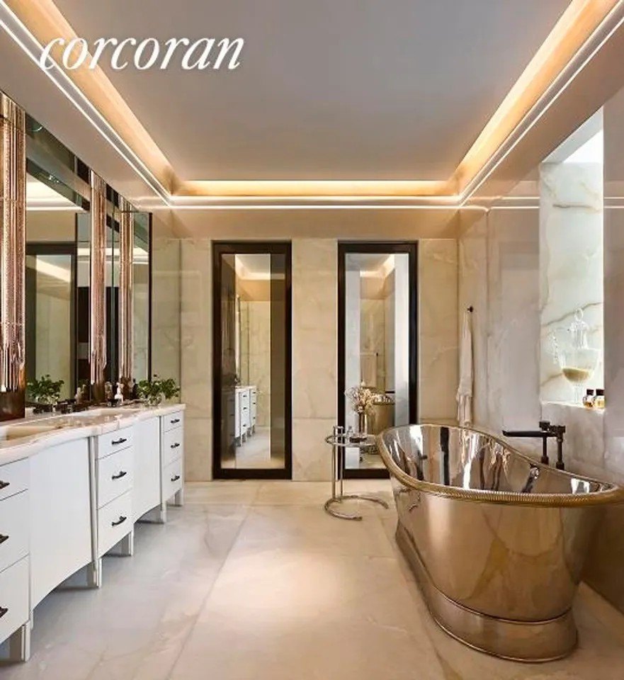 Interior, new york city apartment, bathroom with a steel tub