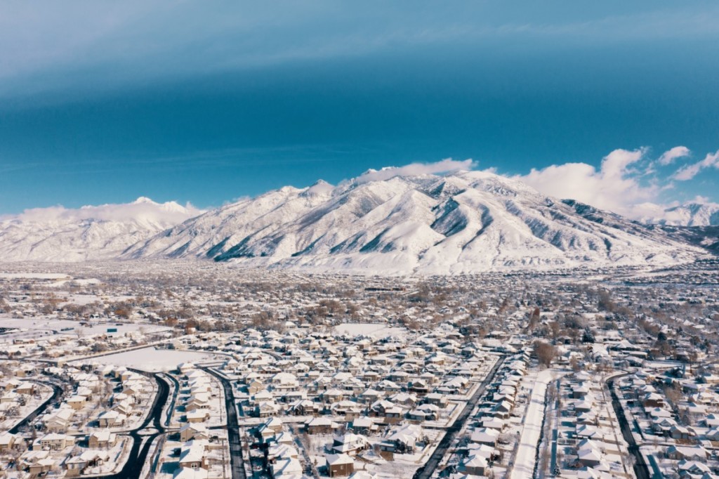 snow covered city of draper in utah 