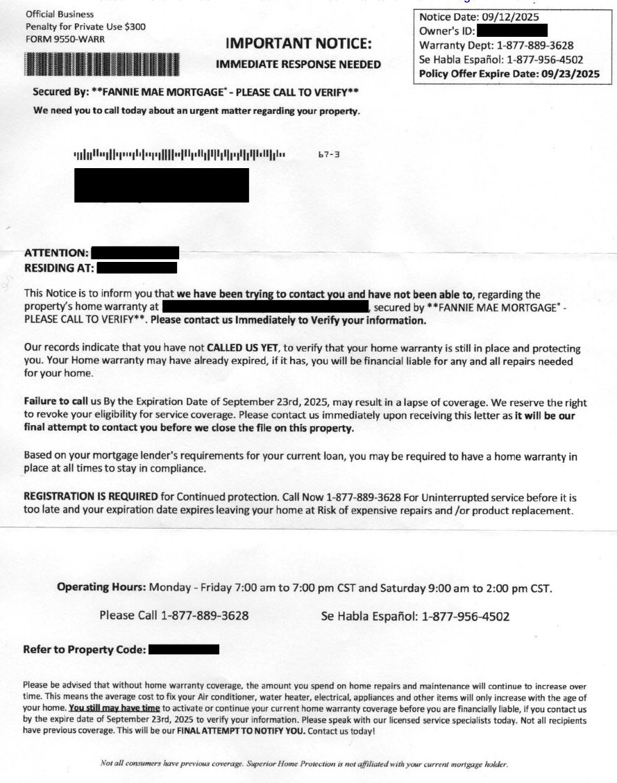 Superior Home Protection mailer