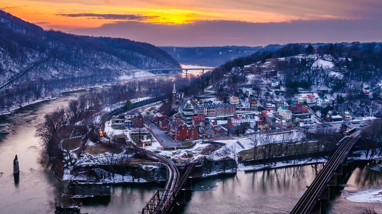 Harper's Ferry in West Virginia at sunrise during the winter.