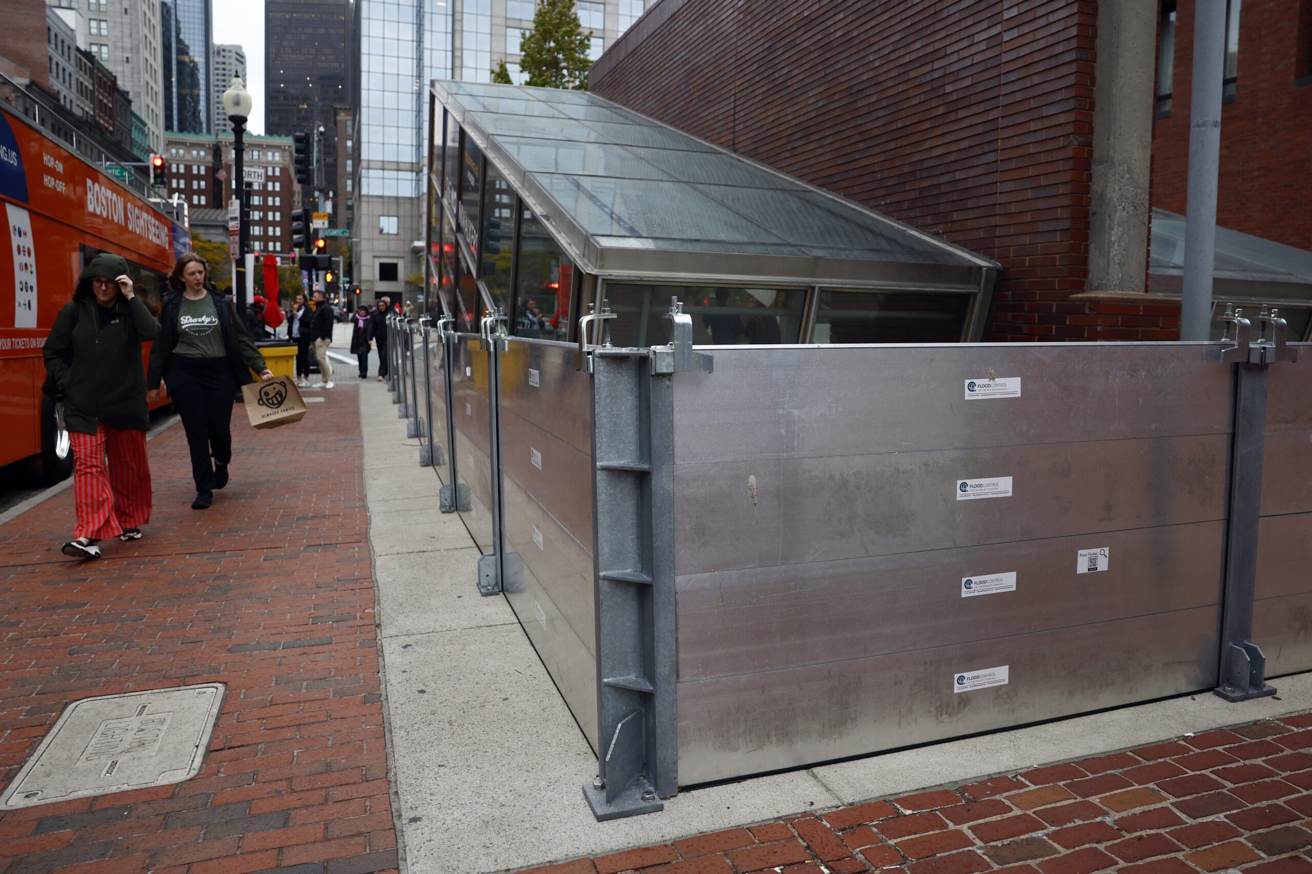 Flood barriers around a subway stop in Boston