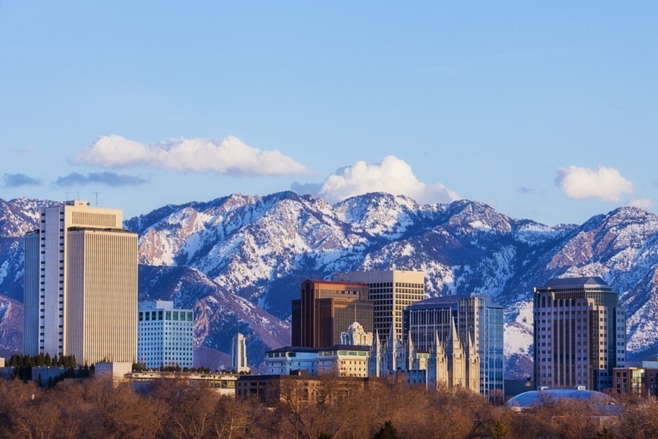 Skyline of Salt Lake City, Utah, USA in early spring as the sun sets.