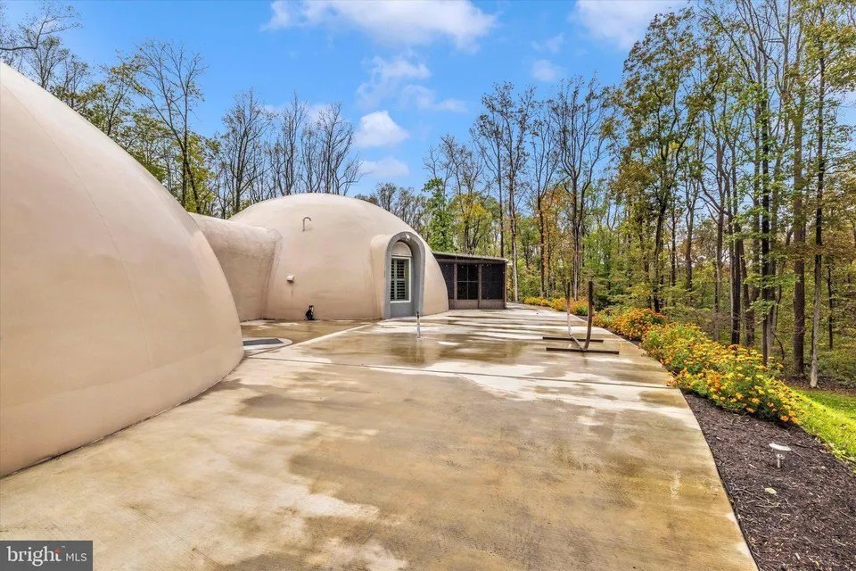 Spacious patio of monolithic dome home in Smithsburg, MD, on sale for $1,149,000