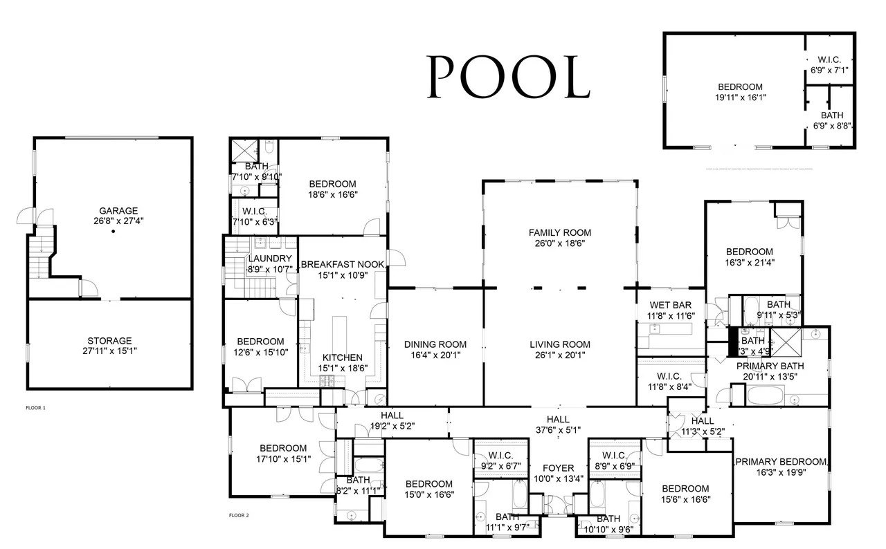 The floor plan indicates the the main residence and pool house have a combined total of seven bedrooms and seven bathrooms.